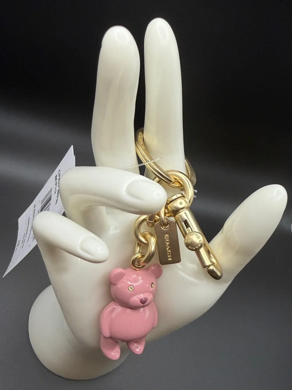 Coach Pink Bear Charm Key Ring with Gold Hardware